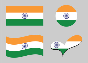 Indian flag. India flag in heart shape. India flag in circle shape. Country flag variations.