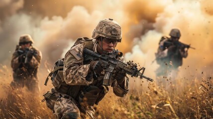 Fototapeta premium A brave soldier stands tall, gun in hand, ready to defend his country and protect his fellow military comrades in the midst of the grassy battlefield