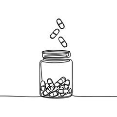 Medicine bottle and pills in line drawing style