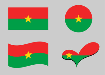 Burkina Faso flag. Flag of Burkina Faso in heart shape. Burkina Faso flag in circle shape. Country flag variations.	