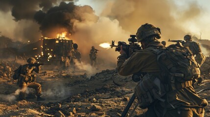 A fierce soldier battles against the destruction of war, his weapon raised amidst the smoky chaos as a firefighter fights to control the explosive flames behind him