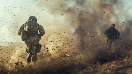 Amidst the chaos of the field, a group of soldiers flee from a menacing figure, their weapons raised and camouflage uniforms blending into the surrounding violence - obrazy, fototapety, plakaty