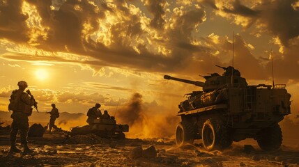 As the sun sets on the desert horizon, a convoy of military vehicles stands ready for combat, their wheels sinking into the sandy terrain as gun turrets and self-propelled artillery point towards the - obrazy, fototapety, plakaty