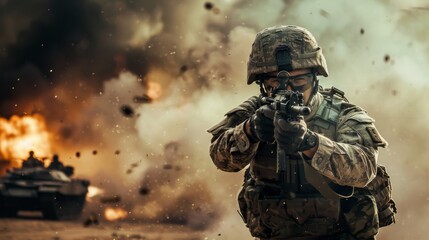 A soldier in camouflage aims his weapon amidst the chaos of combat, his military uniform and ballistic vest blending into the violence and smoke surrounding him as he fights for his army and country