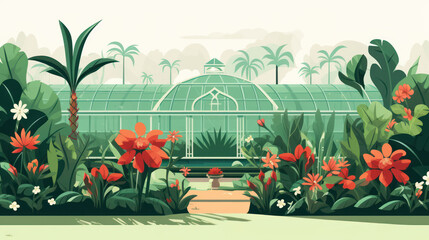 Green Oasis: A Tropical Paradise Inside a Modern Glasshouse with Lush Plant Life and Vibrant Flowers, Creating a Botanical Haven in an Urban Landscape - obrazy, fototapety, plakaty