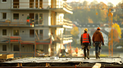 Construction workers working on a building site with safety helmets, back view, free space on the left
