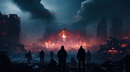 Battlefield in a futuristic war. Military clash on the streets of the city. Fire, explosions and soldiers with military equipment. AI-generated.