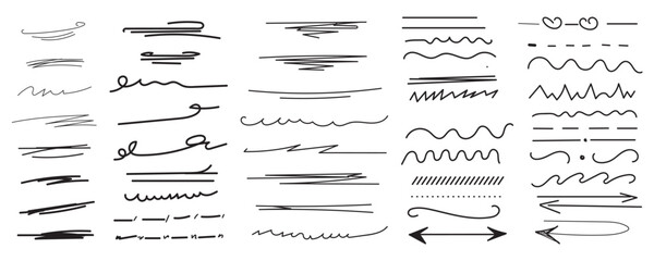Hand drawn collection of underline strokes in brush doodle style. Vector scrawls elements, swashes, dots and curved lines. Abstract black vector lines and shapes. Chaotic black scribbles