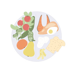Healthy eating plate. Wellbeing concept. Diet plan schedule program. Nutrient counting. Meal tracking concept. Weight loss control. Vector flat illustration isolated on white background