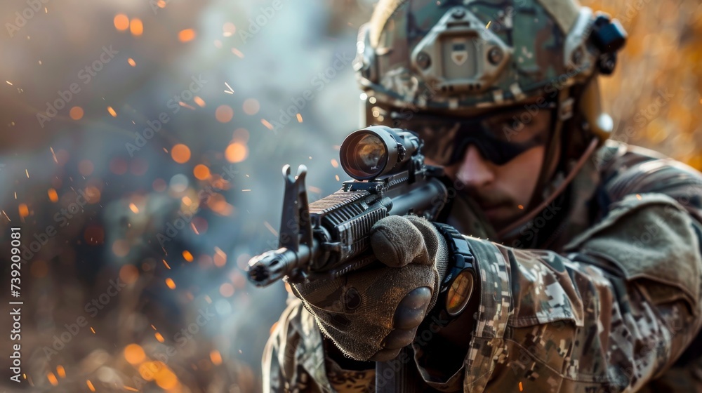 Canvas Prints A camouflaged soldier in full military gear, armed with a powerful rifle and donning a helmet and ballistic vest, stands ready for combat with a look of determination on his face