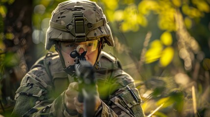 A skilled soldier blends into the outdoor environment, armed with a powerful rifle and donning a military uniform and helmet, ready to protect and serve in the face of danger