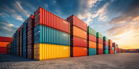 Colorful Cargo Delivery at Industrial Harbor: Exporting Trade and Freight Composed in Intermodal Containers against Sky Blue and Orange Background