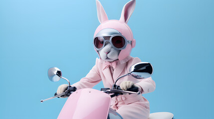 A rabbit wearing a blush pink suit and helmet driving a vespa on a light blue background. Cute and funny. Copy space for text.