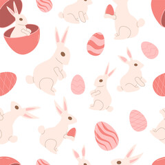 Easter bunny and eggs seamless pattern. Spring holiday endless background. Pink color celebration cover. Vector flat illustration