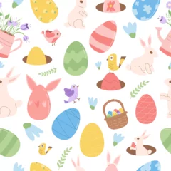 Foto op Canvas Easter eggs hunt seamless pattern. Spring holiday happy event endless background. Celebration with entertainment cover. Vector flat illustration © Syuzann q
