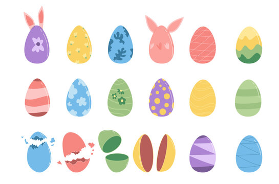 Easter eggs isolated on white background. Spring holiday elements. Vector flat illustration