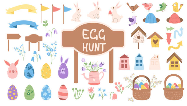 Easter eggs hunt event elements. Spring holiday party. Celebration with entertainment. Vector flat illustration