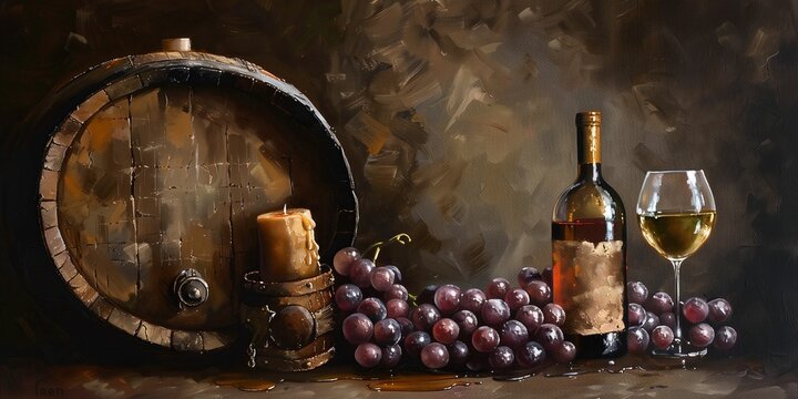 Oak barrel, wine bottle, grapes, wine glass and candle in wine cellar. High resolution