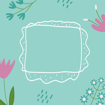 Spring background. Flower abstract banner template with frame. Card with decoration. Vector flat illustration