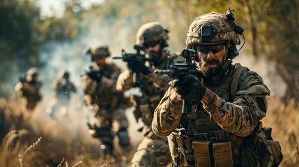 Amidst the outdoor battlefield, a squad of heavily armed soldiers in military camouflage and ballistic vests hold their weapons with fierce determination, ready to defend their country as they embody - obrazy, fototapety, plakaty