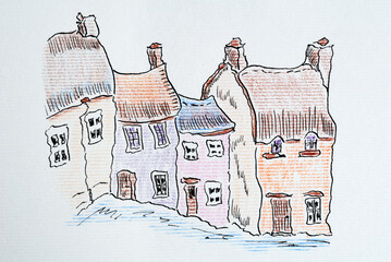 House sketch created with black ink and pencils. Color illustration on watercolor paper