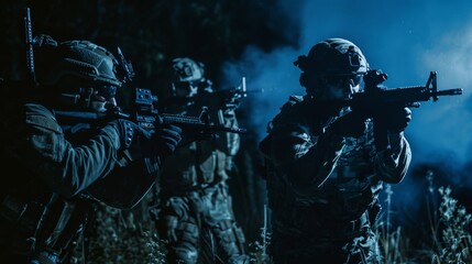 Armed and ready, a band of fierce soldiers brandish their deadly weapons in a gritty outdoor setting, embodying the intensity and adrenaline of an action-packed film or video game - obrazy, fototapety, plakaty