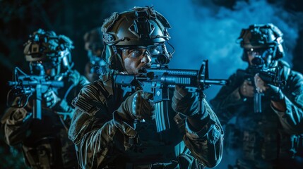 Fototapeta premium An intense, adrenaline-fueled battle awaits as a squad of armed soldiers, their weapons at the ready, take on a warlord in a high-stakes action-adventure game brought to life through stunning digital