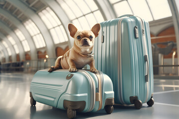 Cute dog sitting on a suitcase waiting for a train at the train station platform. Posh traveling concept. Journey concept. Train station windows in the background.   - obrazy, fototapety, plakaty