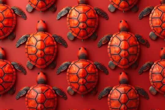 Seamless red sea turtles pattern on bright red background in 3D rendering for graphic design and textiles