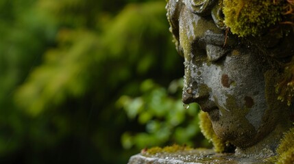 an angel statue covered by moss plant in a park