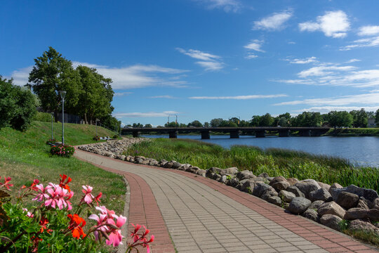 Salacgriva, Latvia. The Salaca River, Waterfront and Bridge