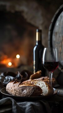A bottle of wine, a glass and fresh bread on the table. A red wine tasting. High resolution