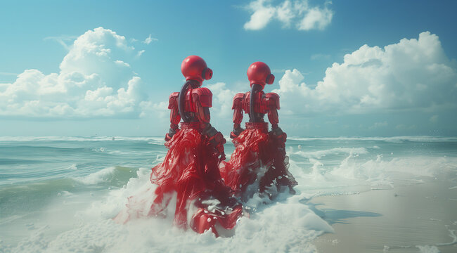 Two red robotic silhouettes on the beach, artwork