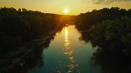 Serene Sunset: Warm Summer Landscape with River - Aerial View