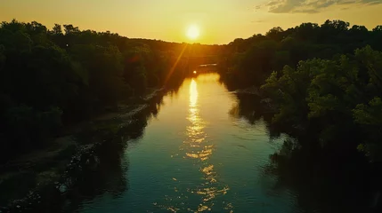 Deurstickers Bestemmingen Serene Sunset: Warm Summer Landscape with River - Aerial View