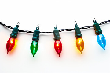 Colorful Christmas lights on a white background, with copy space, perfect for festive holiday greeting cards and backgrounds
