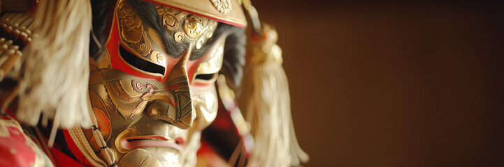 Traditional Japanese samurai helmet with Kabuki mask, intricate gold and red details, against a blurred background with ample copy space