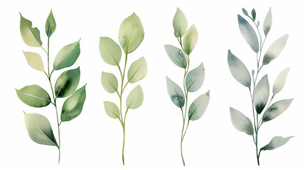 Set of five green watercolor foliage branches, isolated on white background with copy space for eco-friendly or natural concepts - obrazy, fototapety, plakaty