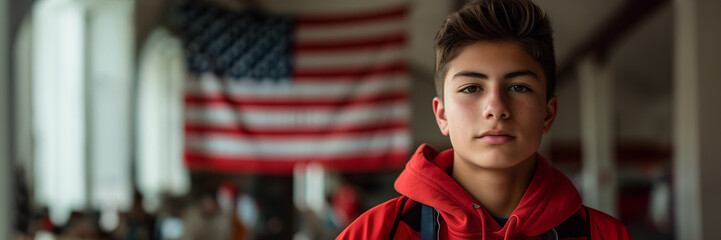 Portrait of a thoughtful young Caucasian boy with a blurred American flag in the background, concept of youthful patriotism or national holiday celebration