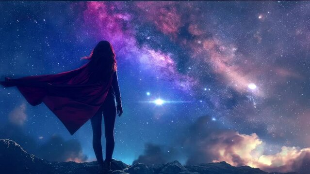 woman superhero stand with galaxy background video looping 4k 