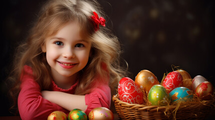 Fototapeta na wymiar Cute little girl holding a wicker basket with Easter eggs. Easter holiday, mult colored eggs