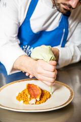 pescado lomo de pescado servido sobre un rissotto de arroz marinero con alioli de algas verde delicioso y sabroso, alimento, cocción, chef, mano, cocina, carne, restaurante, comida, chapa, cena, cuchi