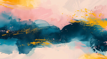 Abstract colorful painting background with vibrant pink, yellow, and blue brush strokes and ample copy space, ideal for creative design backdrops and artistic concepts