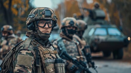 Naklejka premium A squad of soldiers, dressed in camouflage uniforms and armed with rifles and machine guns, stand ready for battle in the great outdoors, their faces stern and determined, a symbol of strength and co