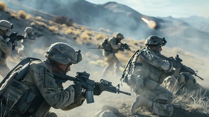 A determined squad of soldiers, camouflaged and armed with rifles and machine guns, take aim against the backdrop of a rugged mountain landscape, ready to defend their country and engage in combat - obrazy, fototapety, plakaty