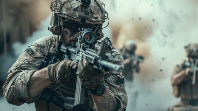 A stealthy soldier geared for battle, armed with a deadly machine gun and protected by a ballistic vest and helmet, prepares for intense combat in a rugged outdoor setting - Powered by Adobe