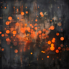 Dynamic black, orange, and grey bokeh lights dance across the frame, adding a sense of motion to the textured backdrop