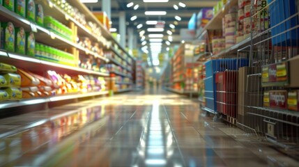 A bustling supermarket aisle filled with neatly stocked shelves and a cart, beckoning shoppers with the promise of convenience and endless retail possibilities - obrazy, fototapety, plakaty