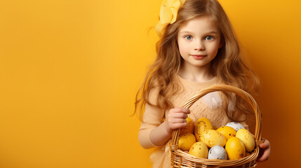 Cute little girl holding a wicker basket with Easter eggs. Easter holiday, mult colored eggs