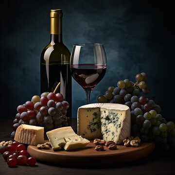 Still life with red wine, moldy cheese and grapes. High resolution